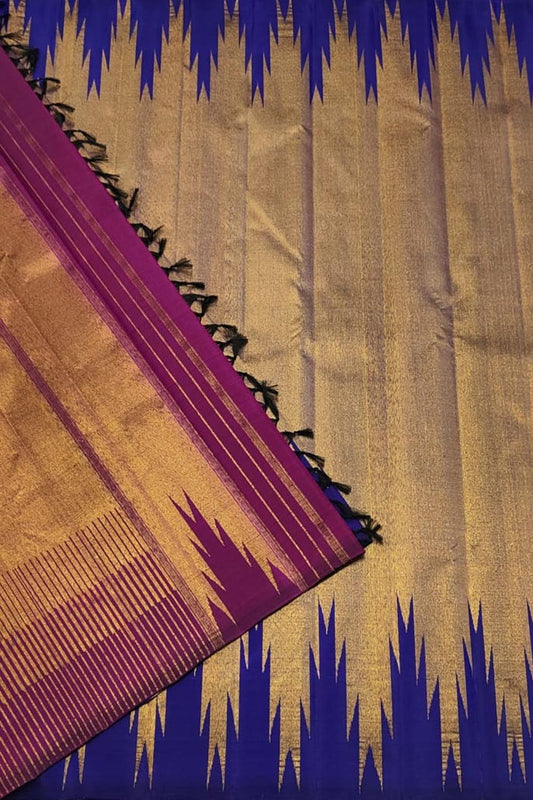 Golden & Blue Handloom Kanjeevaram Silk Saree - Luxurion World