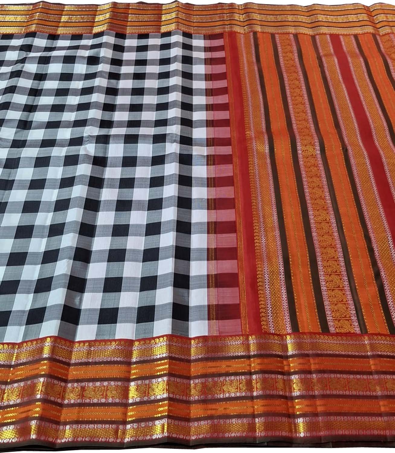 Classic Checkered Kanjeevaram Pure Silk Saree in Black & White - Luxurion World