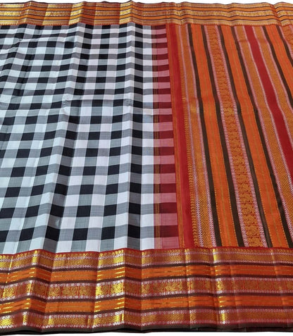 Classic Checkered Kanjeevaram Pure Silk Saree in Black & White - Luxurion World