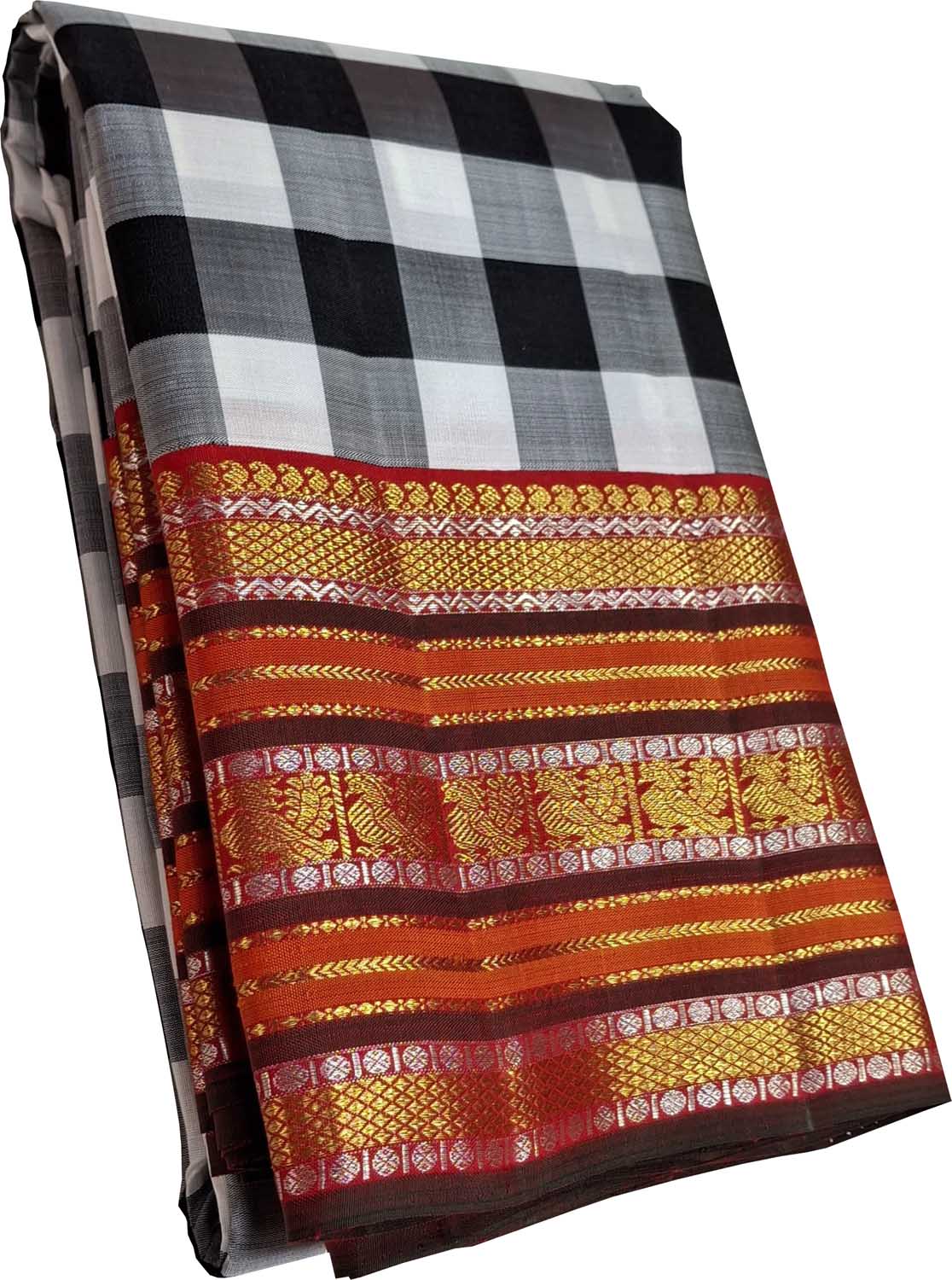 Classic Checkered Kanjeevaram Pure Silk Saree in Black & White - Luxurion World