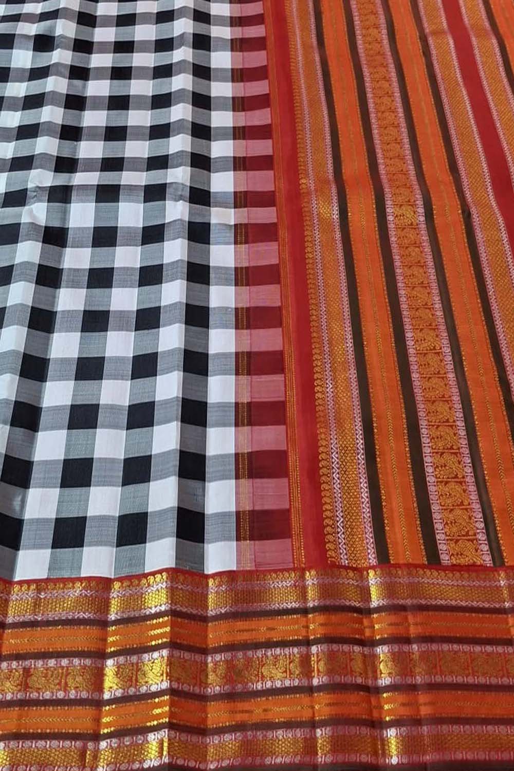 Classic Checkered Kanjeevaram Pure Silk Saree in Black & White - Luxurion World
