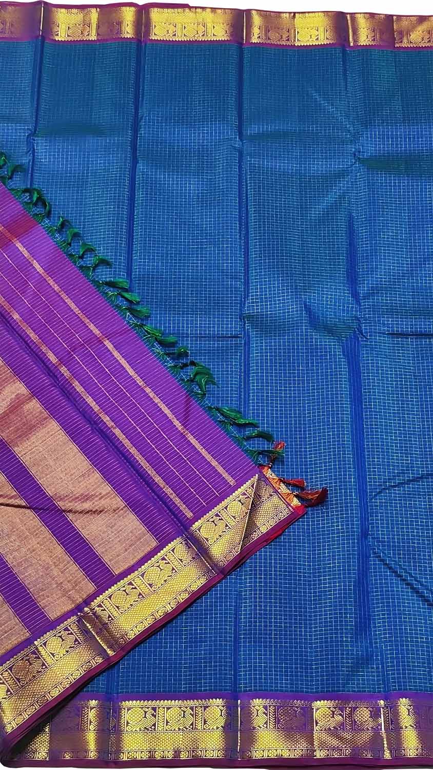 Blue Handloom Kanjeevaram Pure Silk Saree - Luxurion World