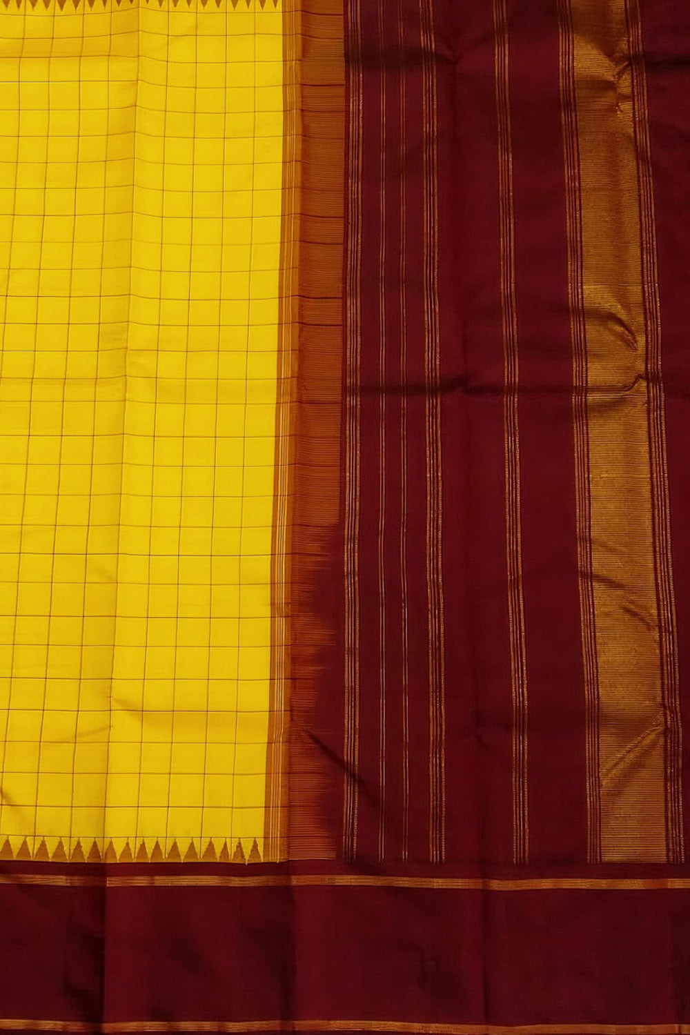 Yellow And Maroon Handloom Kanjeevaram Pure Silk Saree - Luxurion World