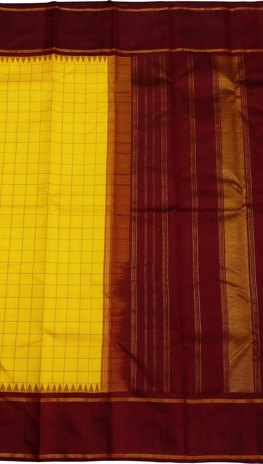Yellow And Maroon Handloom Kanjeevaram Pure Silk Saree - Luxurion World