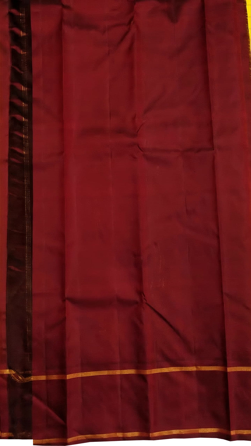 Yellow And Maroon Handloom Kanjeevaram Pure Silk Saree - Luxurion World