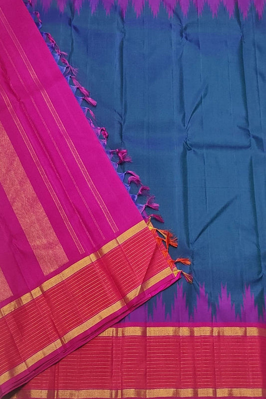 Blue And Pink Handloom Kanjeevaram Pure Silk Saree - Luxurion World