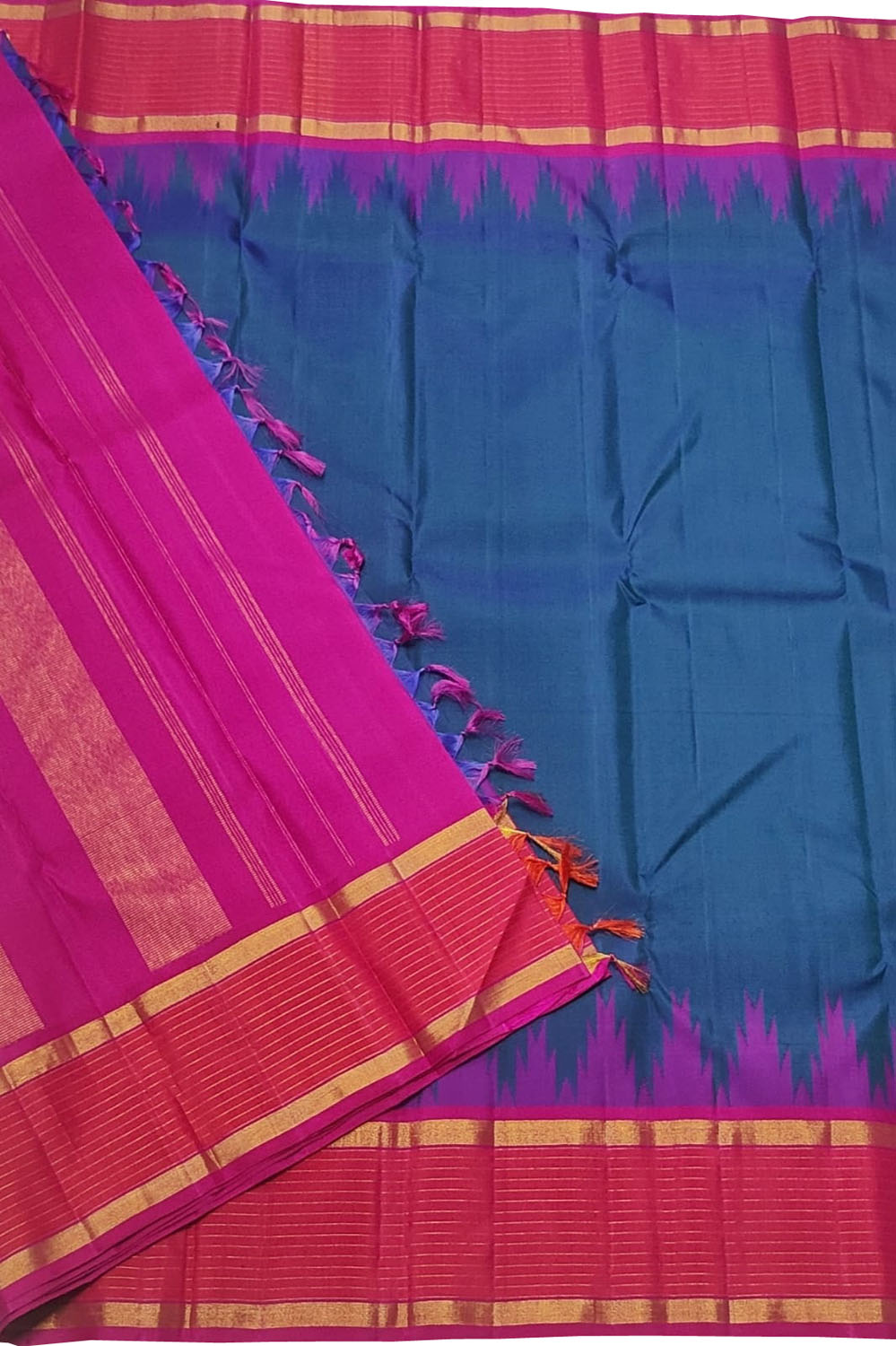 Blue And Pink Handloom Kanjeevaram Pure Silk Saree - Luxurion World