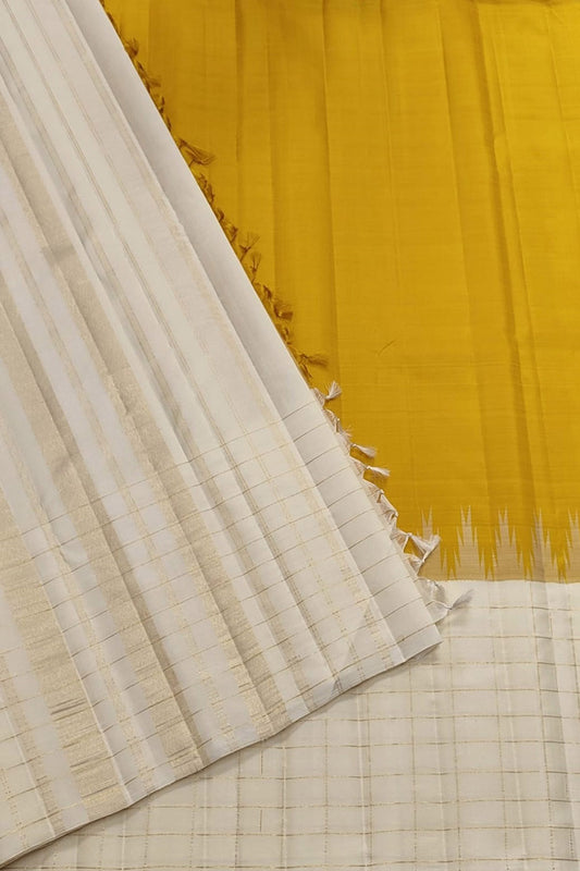 Yellow & White Handloom Kanjeevaram Pure Silk Saree - Luxurion World