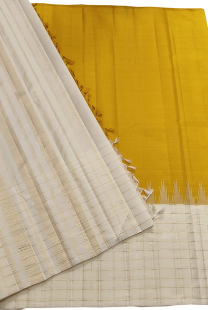Yellow & White Handloom Kanjeevaram Pure Silk Saree - Luxurion World