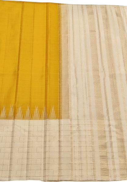 Yellow & White Handloom Kanjeevaram Pure Silk Saree - Luxurion World