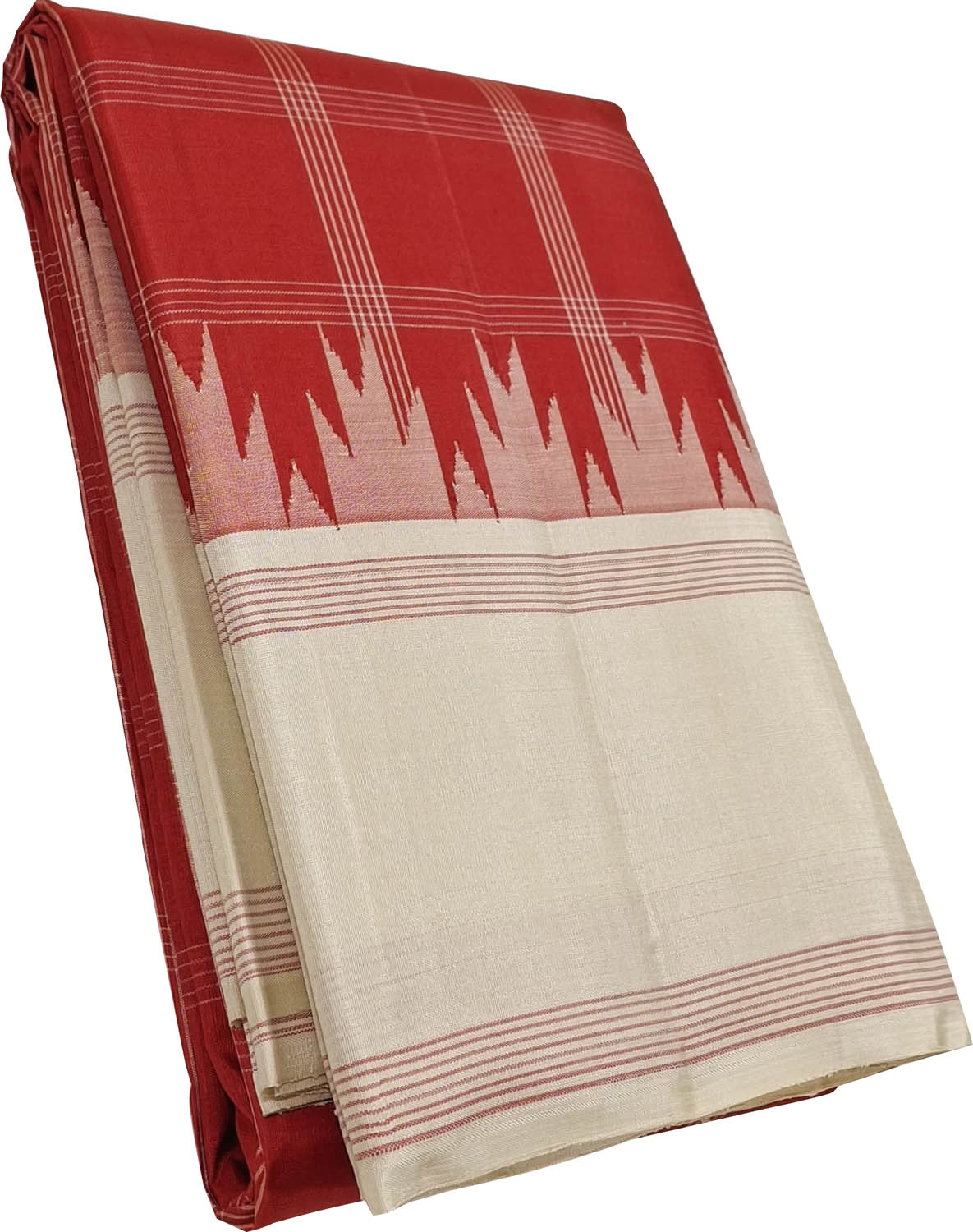 Red & Off White Handloom Kanjeevaram Pure Silk Saree - Luxurion World