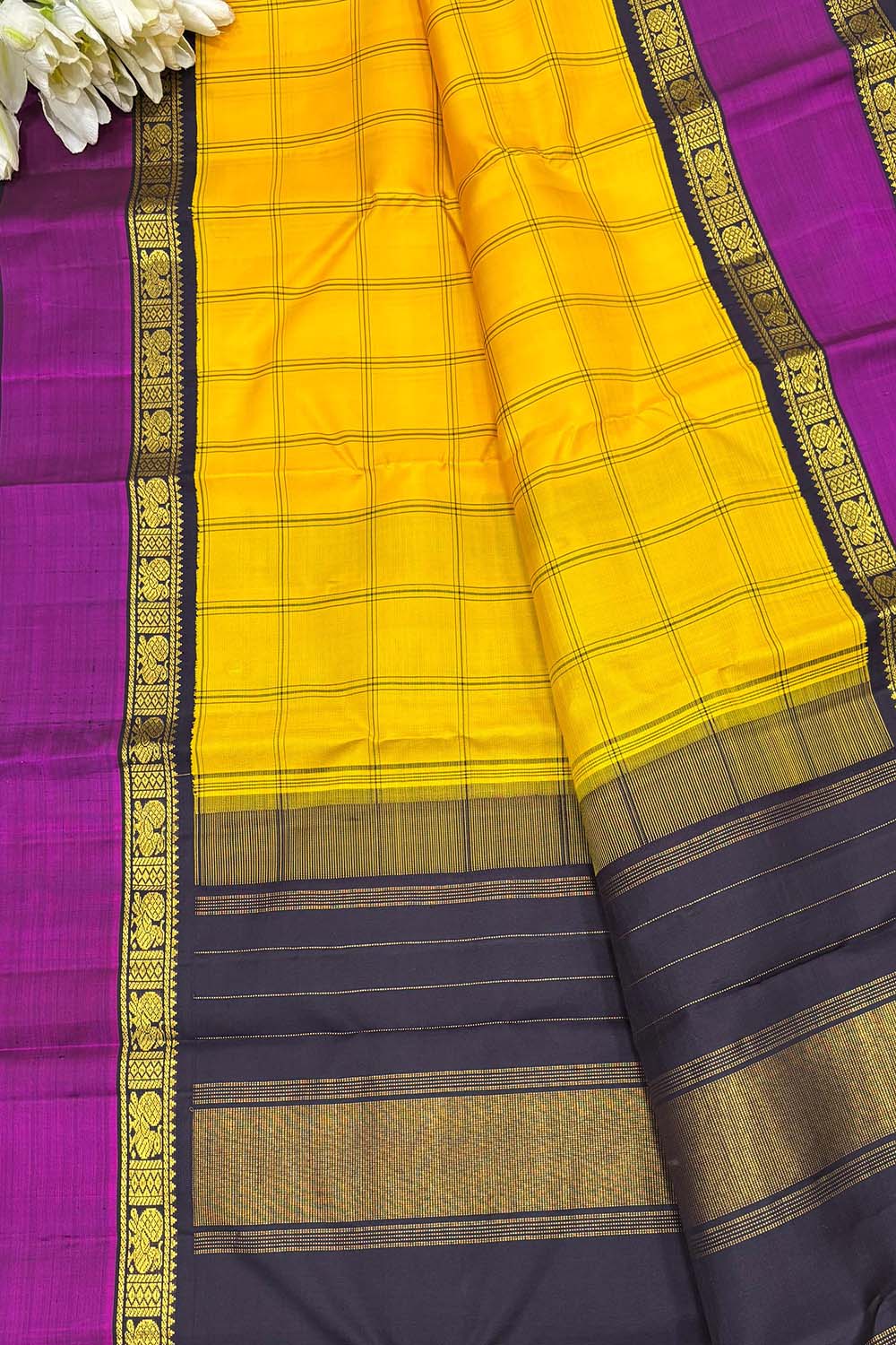 Yellow Handloom Kanjeevaram Checks Pure Silk Saree - Luxurion World