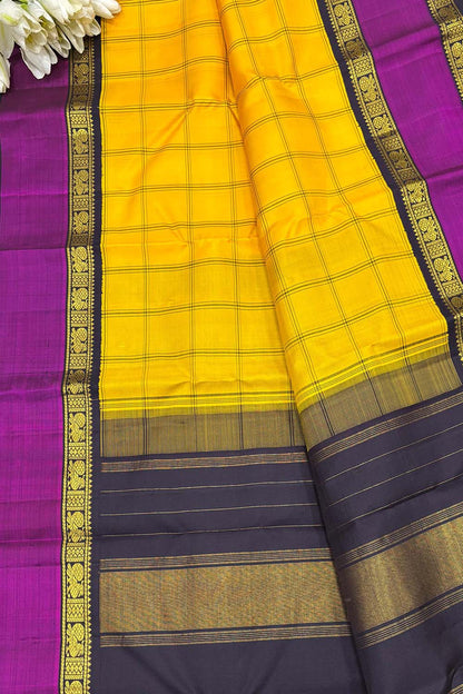 Yellow Handloom Kanjeevaram Checks Pure Silk Saree - Luxurion World