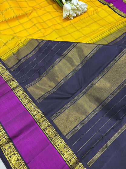Yellow Handloom Kanjeevaram Checks Pure Silk Saree - Luxurion World