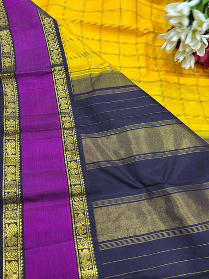 Yellow Handloom Kanjeevaram Checks Pure Silk Saree - Luxurion World