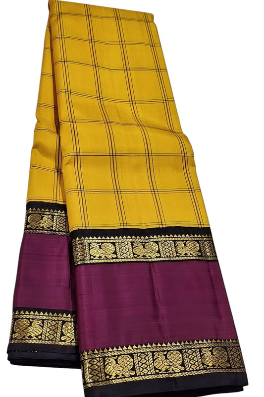 Yellow Handloom Kanjeevaram Checks Pure Silk Saree - Luxurion World
