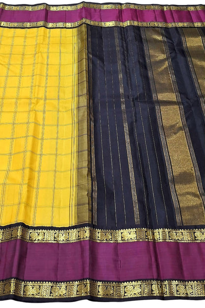 Yellow Handloom Kanjeevaram Checks Pure Silk Saree - Luxurion World