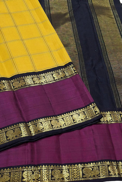 Yellow Handloom Kanjeevaram Checks Pure Silk Saree - Luxurion World