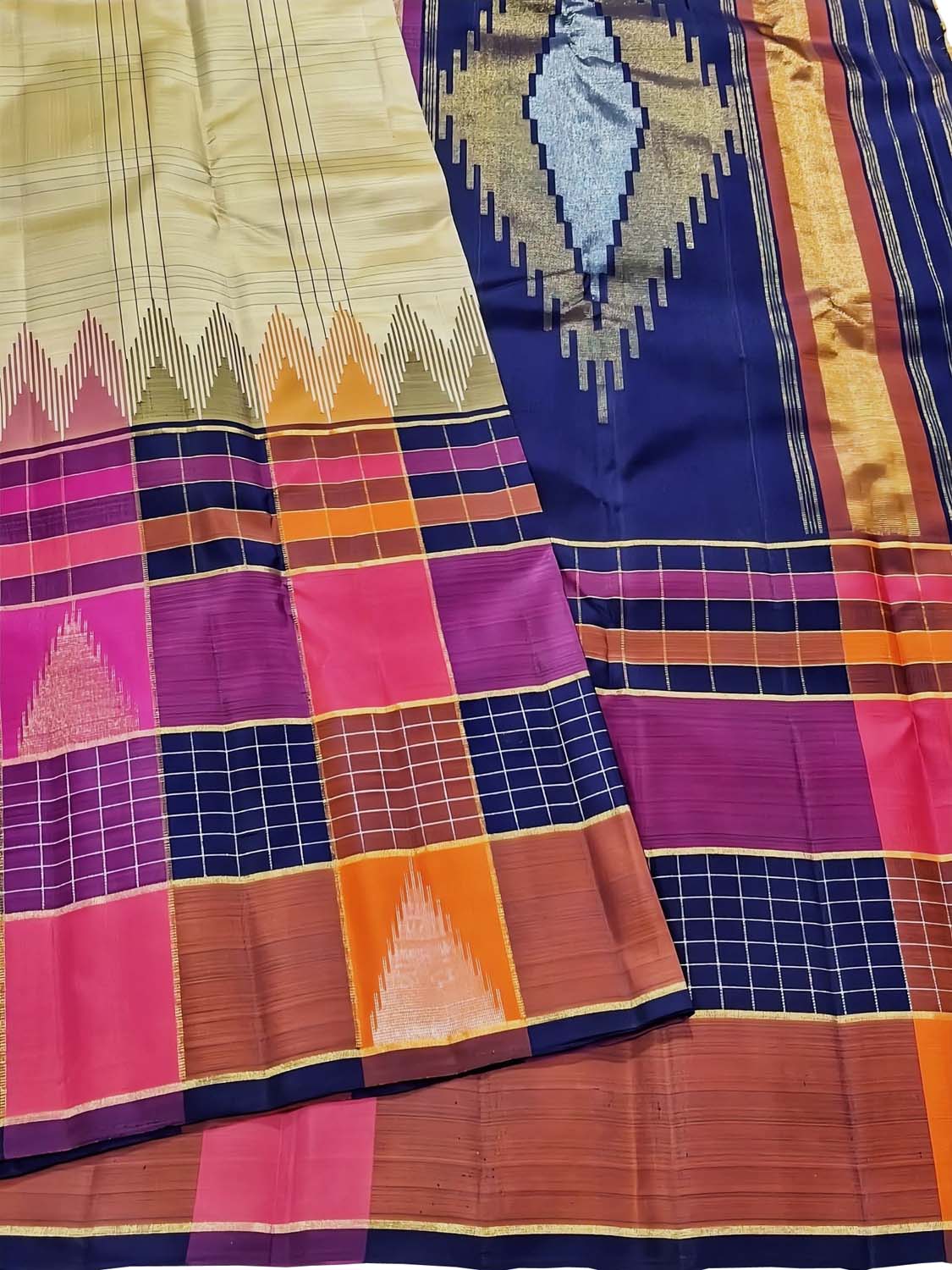 Multicolor Handloom Kanjeevaram Pure Silk Saree - Luxurion World