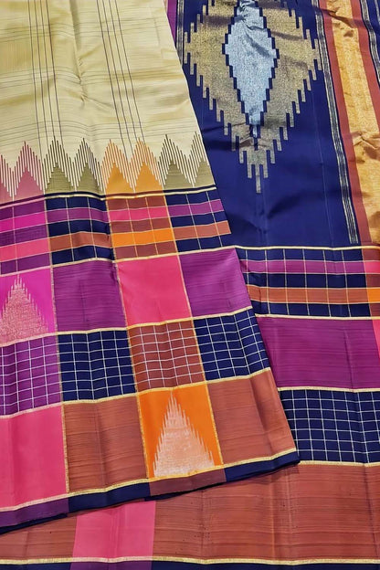 Multicolor Handloom Kanjeevaram Pure Silk Saree - Luxurion World