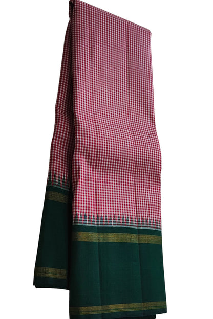 Stunning Red And White Handloom Kanjeevaram Pure Silk Checks Design Saree - Luxurion World