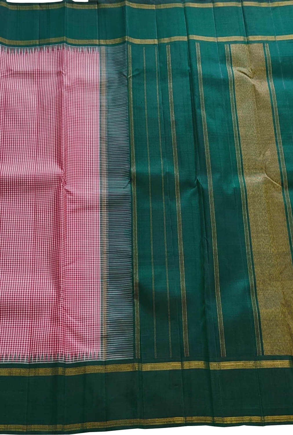 Stunning Red And White Handloom Kanjeevaram Pure Silk Checks Design Saree - Luxurion World