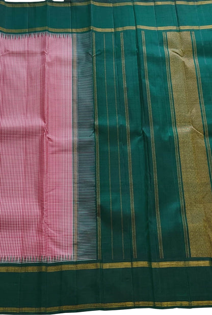 Stunning Red And White Handloom Kanjeevaram Pure Silk Checks Design Saree - Luxurion World