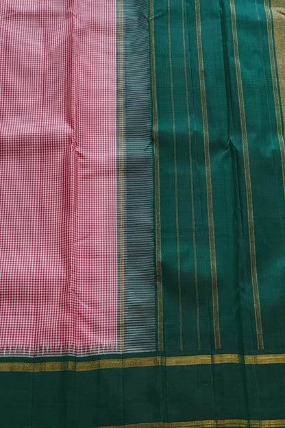 Stunning Red And White Handloom Kanjeevaram Pure Silk Checks Design Saree - Luxurion World