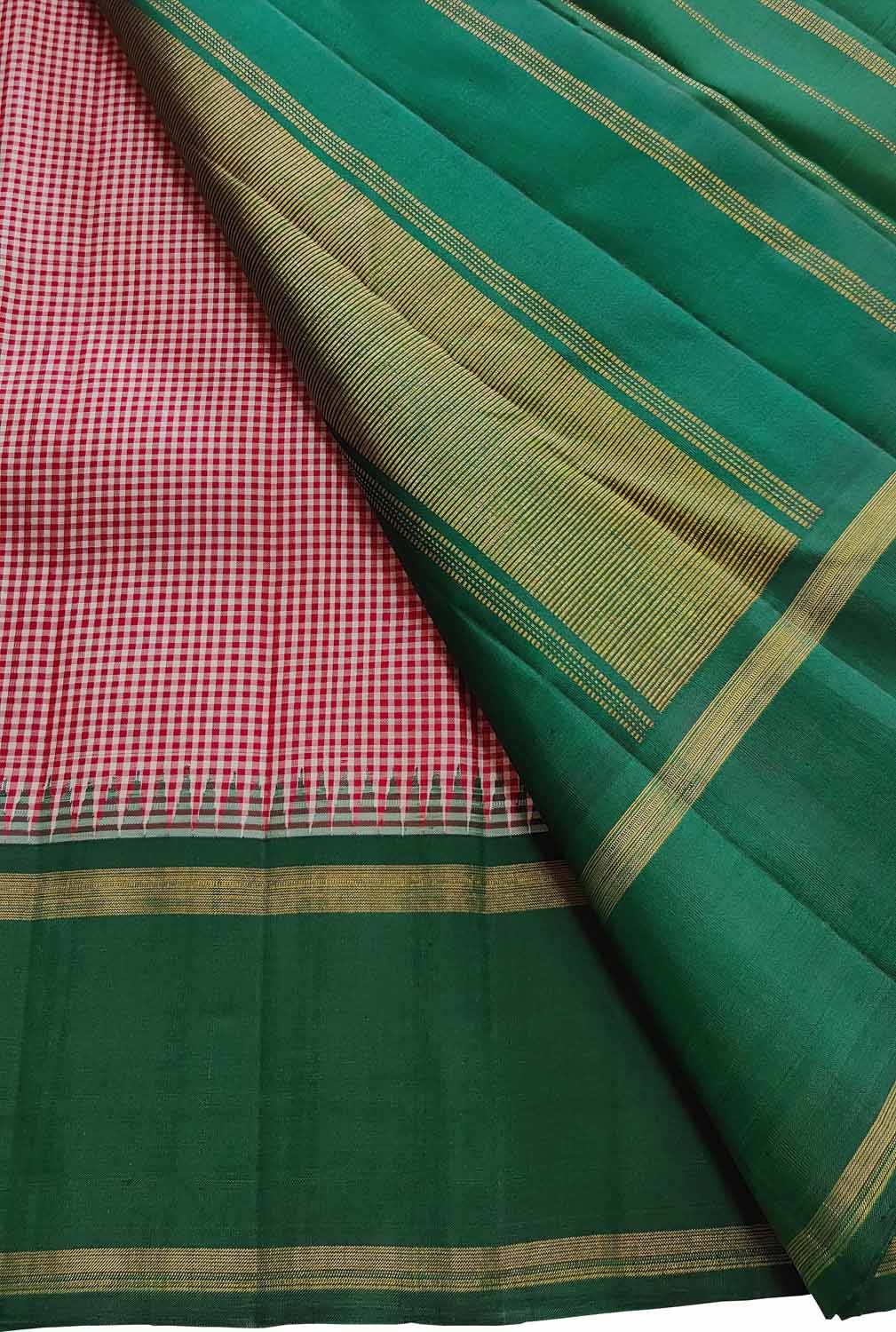 Stunning Red And White Handloom Kanjeevaram Pure Silk Checks Design Saree - Luxurion World