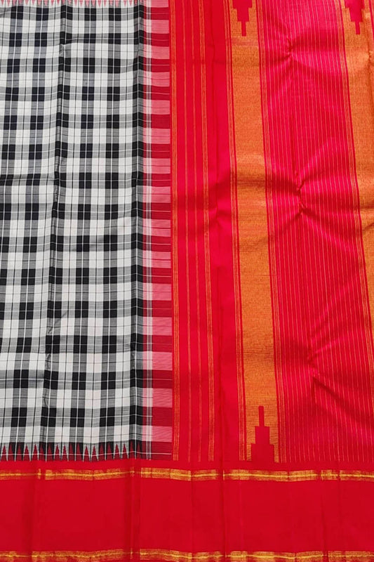 Black & White Handloom Kanjeevaram Pure Silk Checks Saree - Luxurion World