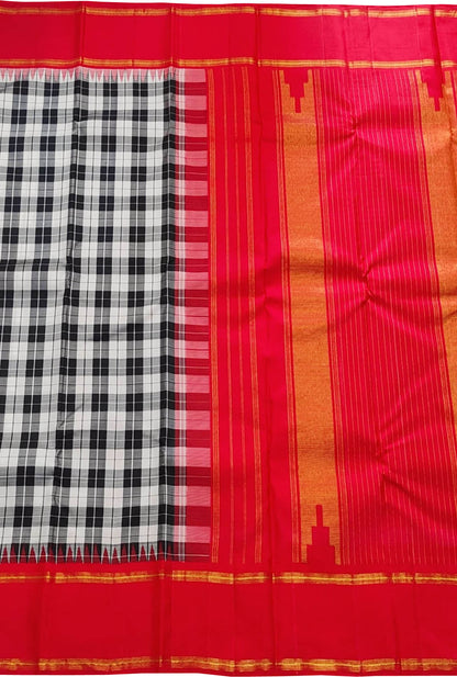Black & White Handloom Kanjeevaram Pure Silk Checks Saree - Luxurion World