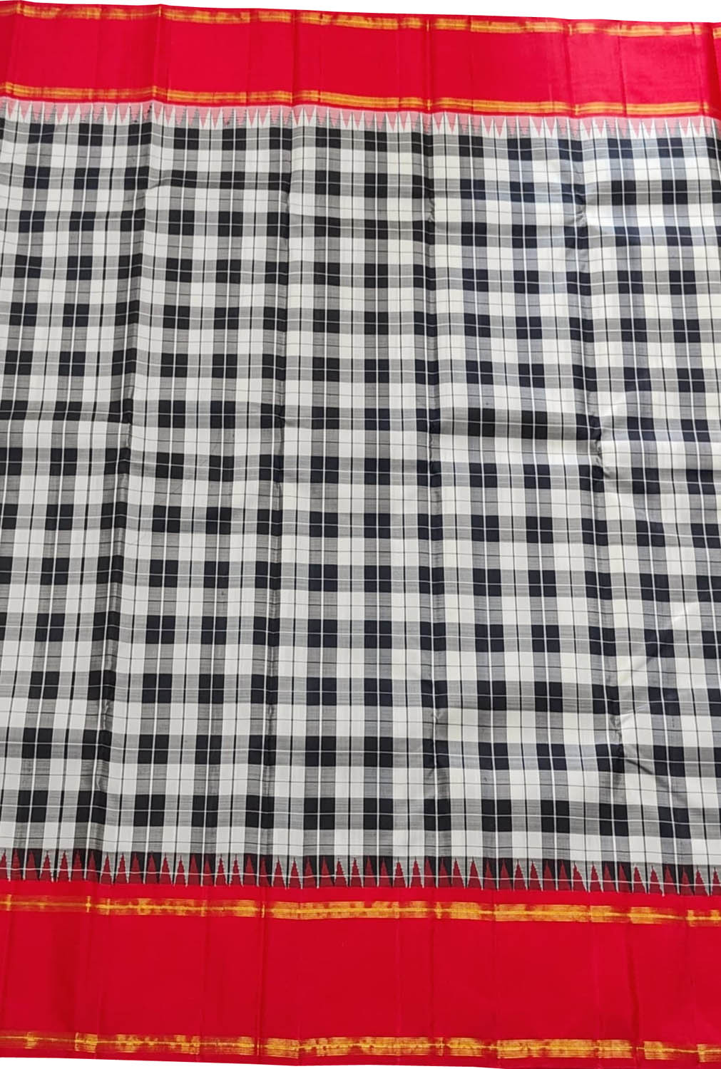 Black & White Handloom Kanjeevaram Pure Silk Checks Saree - Luxurion World