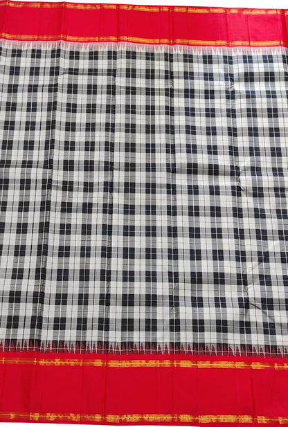 Black & White Handloom Kanjeevaram Pure Silk Checks Saree - Luxurion World