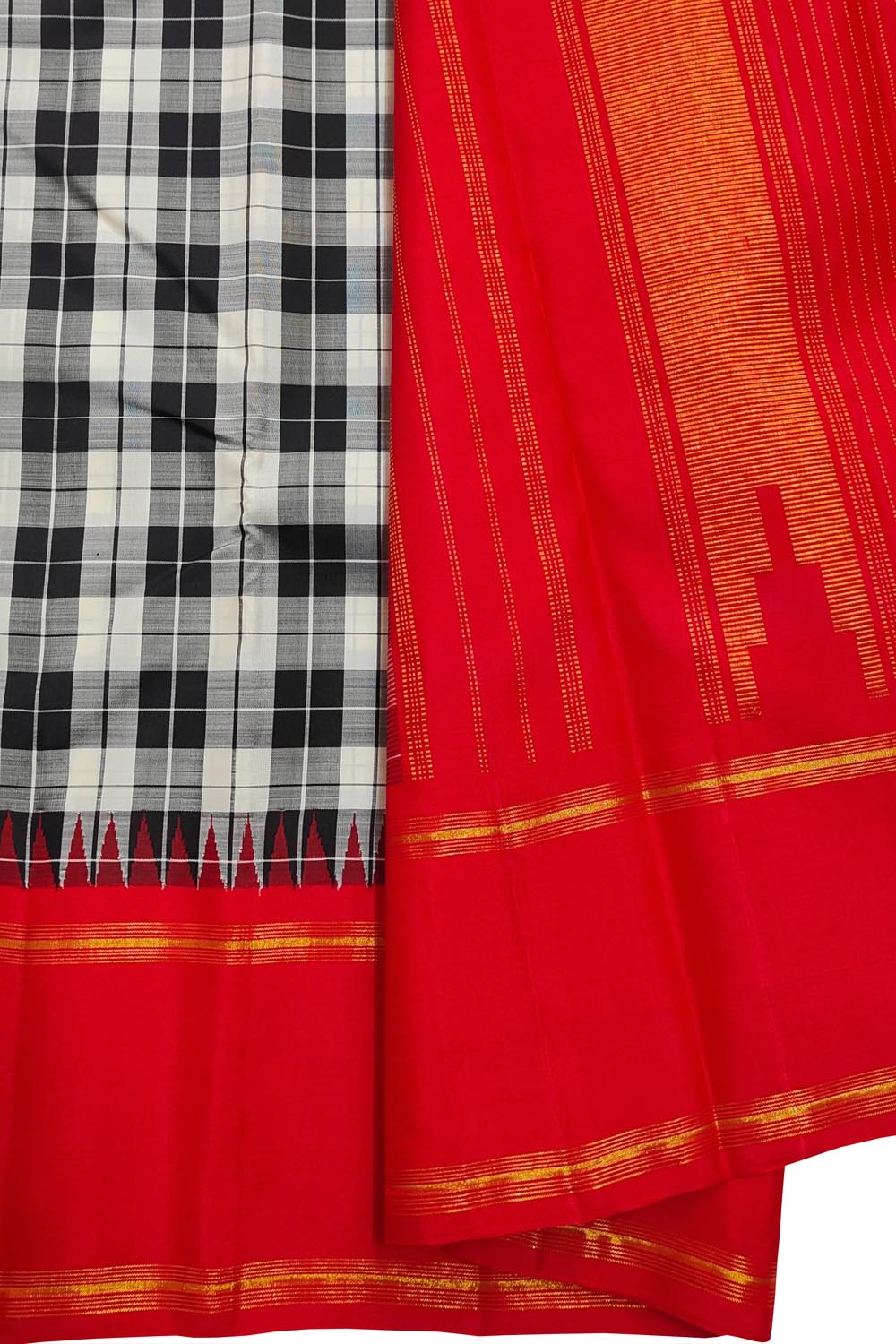 Black & White Handloom Kanjeevaram Pure Silk Checks Saree - Luxurion World