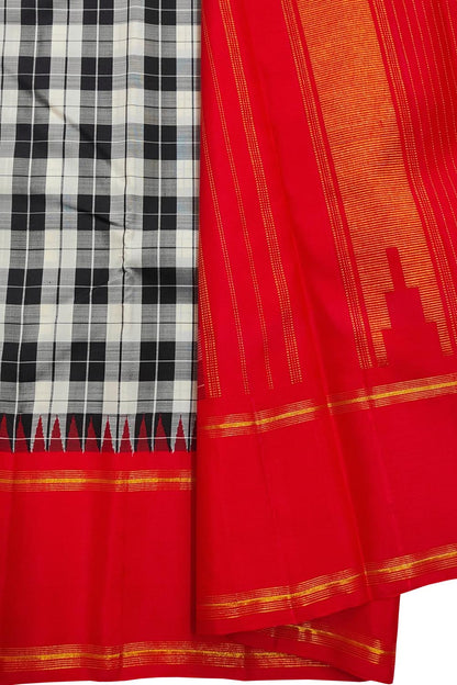 Black & White Handloom Kanjeevaram Pure Silk Checks Saree - Luxurion World