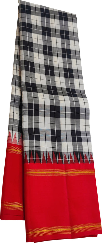 Black & White Handloom Kanjeevaram Pure Silk Checks Saree - Luxurion World