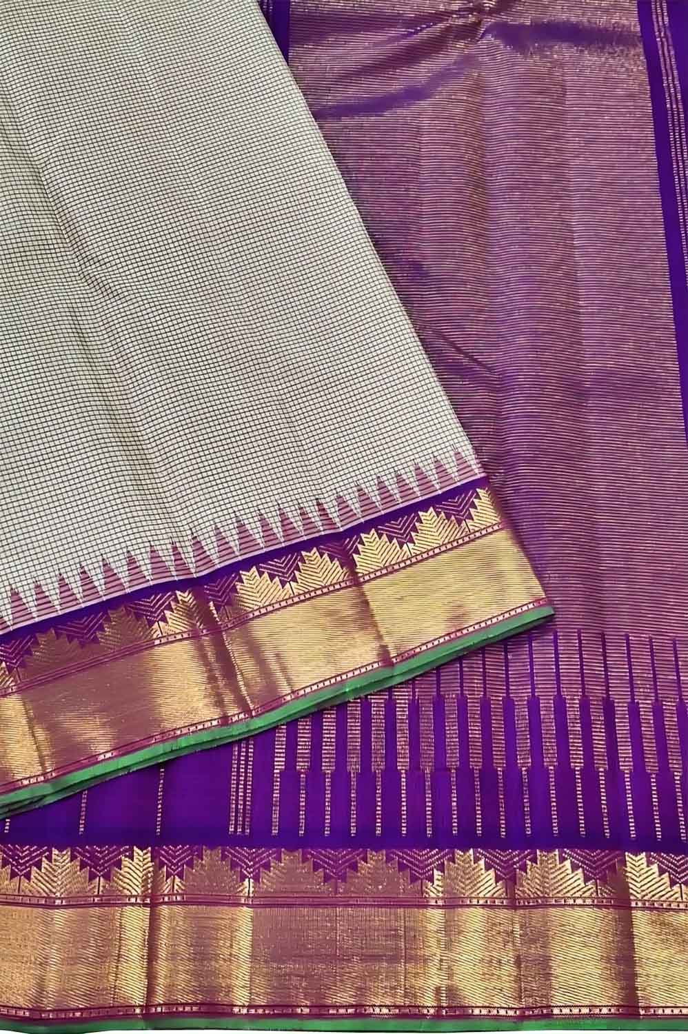 Elegant White And Purple Handloom Kanjeevaram Pure Silk Saree - Luxurion World
