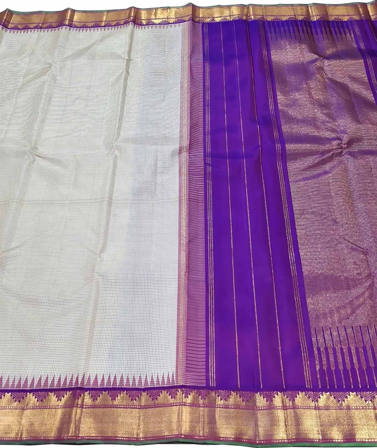 Elegant White And Purple Handloom Kanjeevaram Pure Silk Saree - Luxurion World