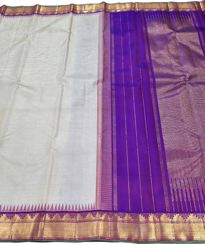 Elegant White And Purple Handloom Kanjeevaram Pure Silk Saree - Luxurion World