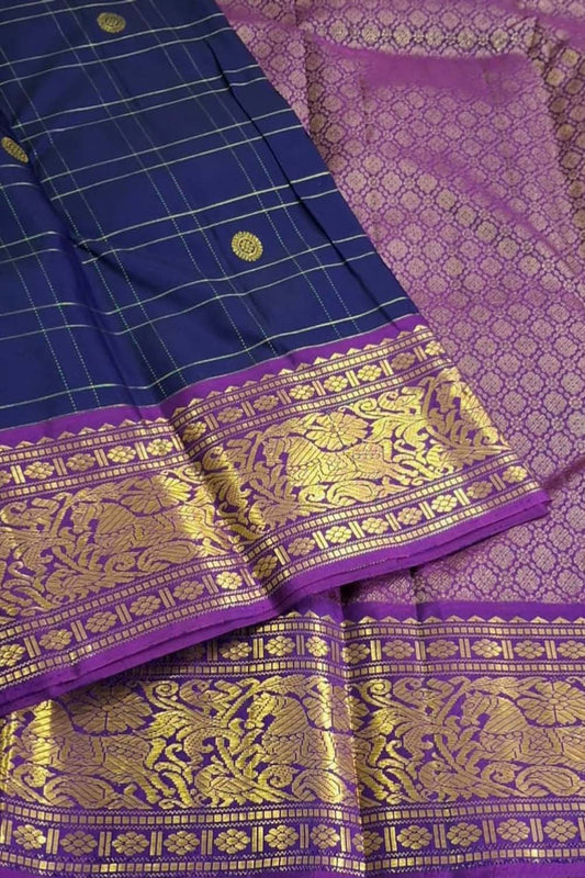 Blue & Gold Handloom Kanjeevaram Silk Checks Saree - Luxurion World