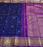 Blue & Gold Handloom Kanjeevaram Silk Checks Saree - Luxurion World