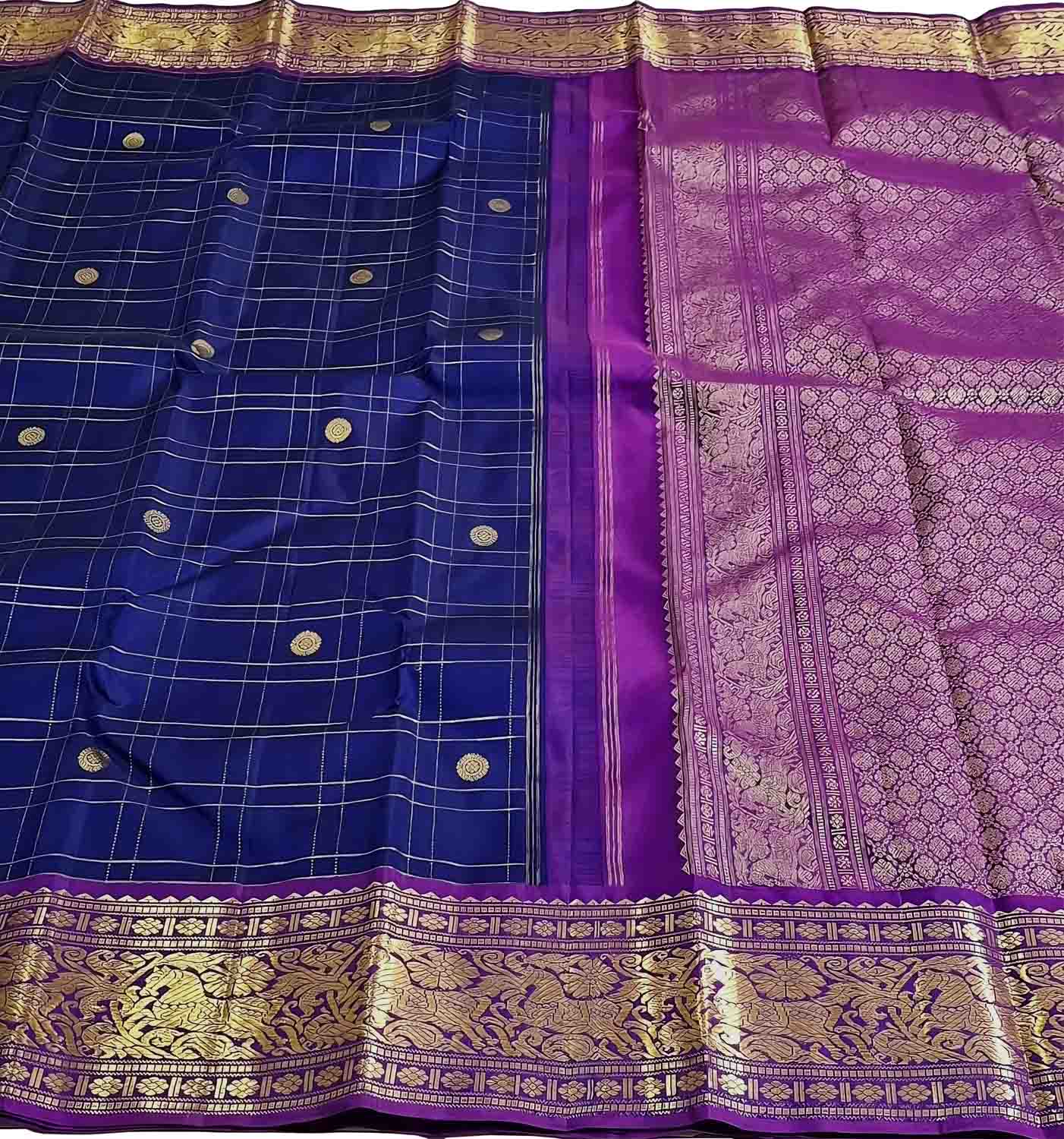 Blue & Gold Handloom Kanjeevaram Silk Checks Saree - Luxurion World