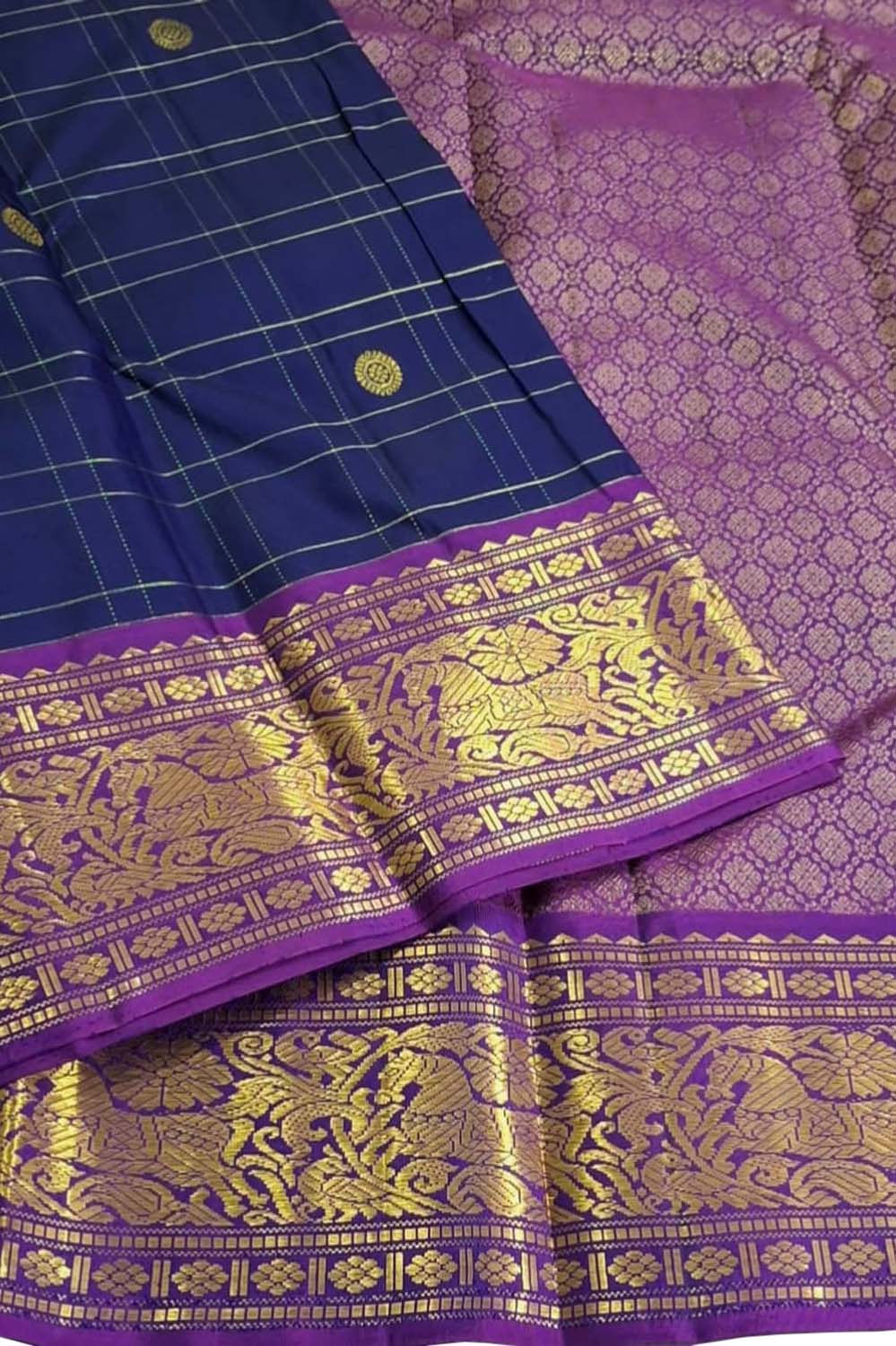 Blue & Gold Handloom Kanjeevaram Silk Checks Saree - Luxurion World