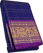 Blue & Gold Handloom Kanjeevaram Silk Checks Saree - Luxurion World