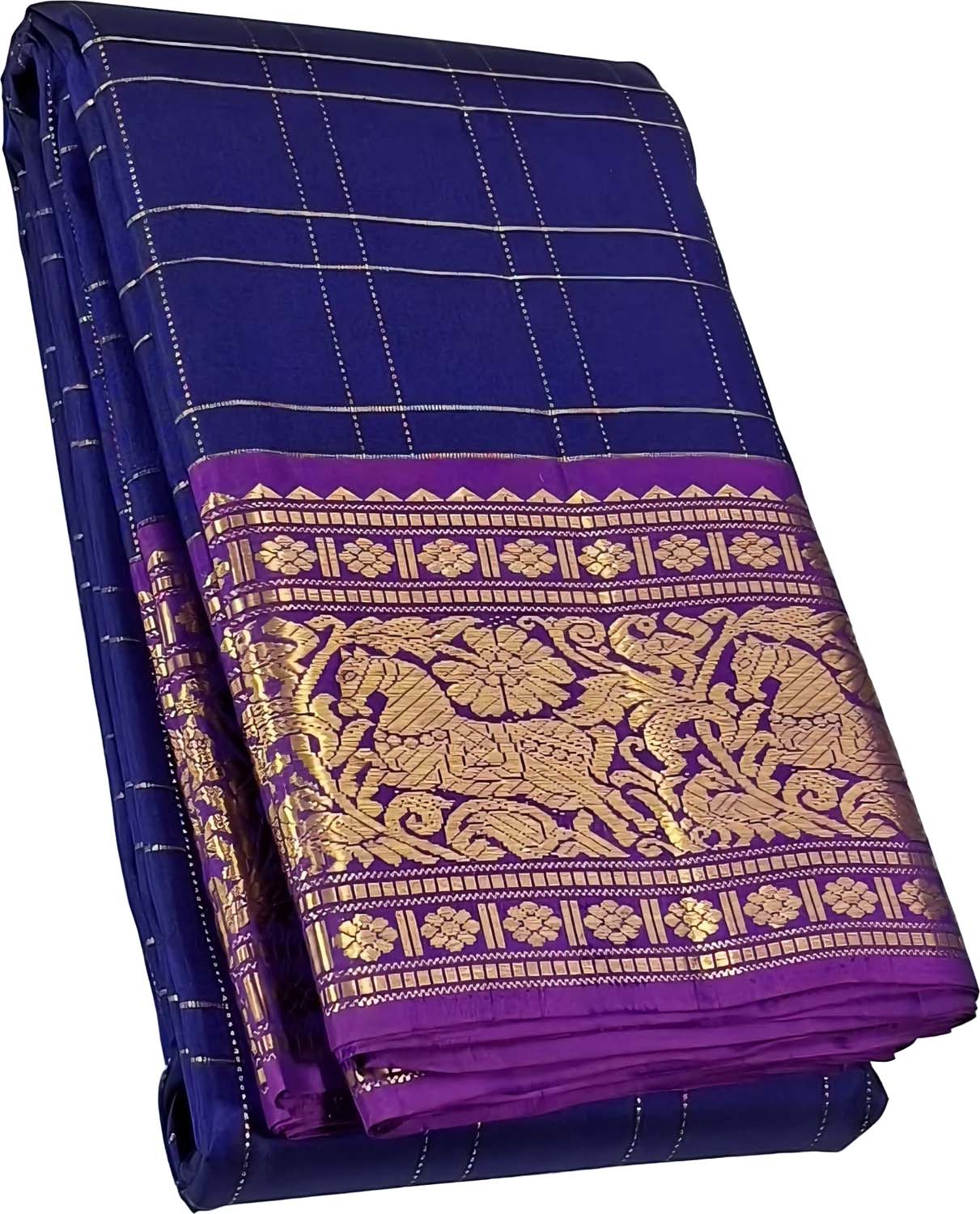 Blue & Gold Handloom Kanjeevaram Silk Checks Saree - Luxurion World