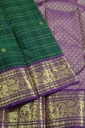 Green & Gold Handloom Kanjeevaram Silk Checks Saree - Luxurion World