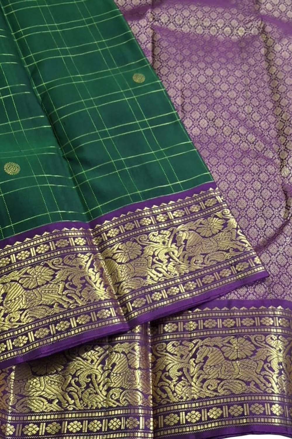 Green & Gold Handloom Kanjeevaram Silk Checks Saree - Luxurion World
