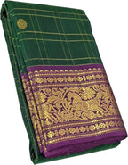 Green & Gold Handloom Kanjeevaram Silk Checks Saree - Luxurion World