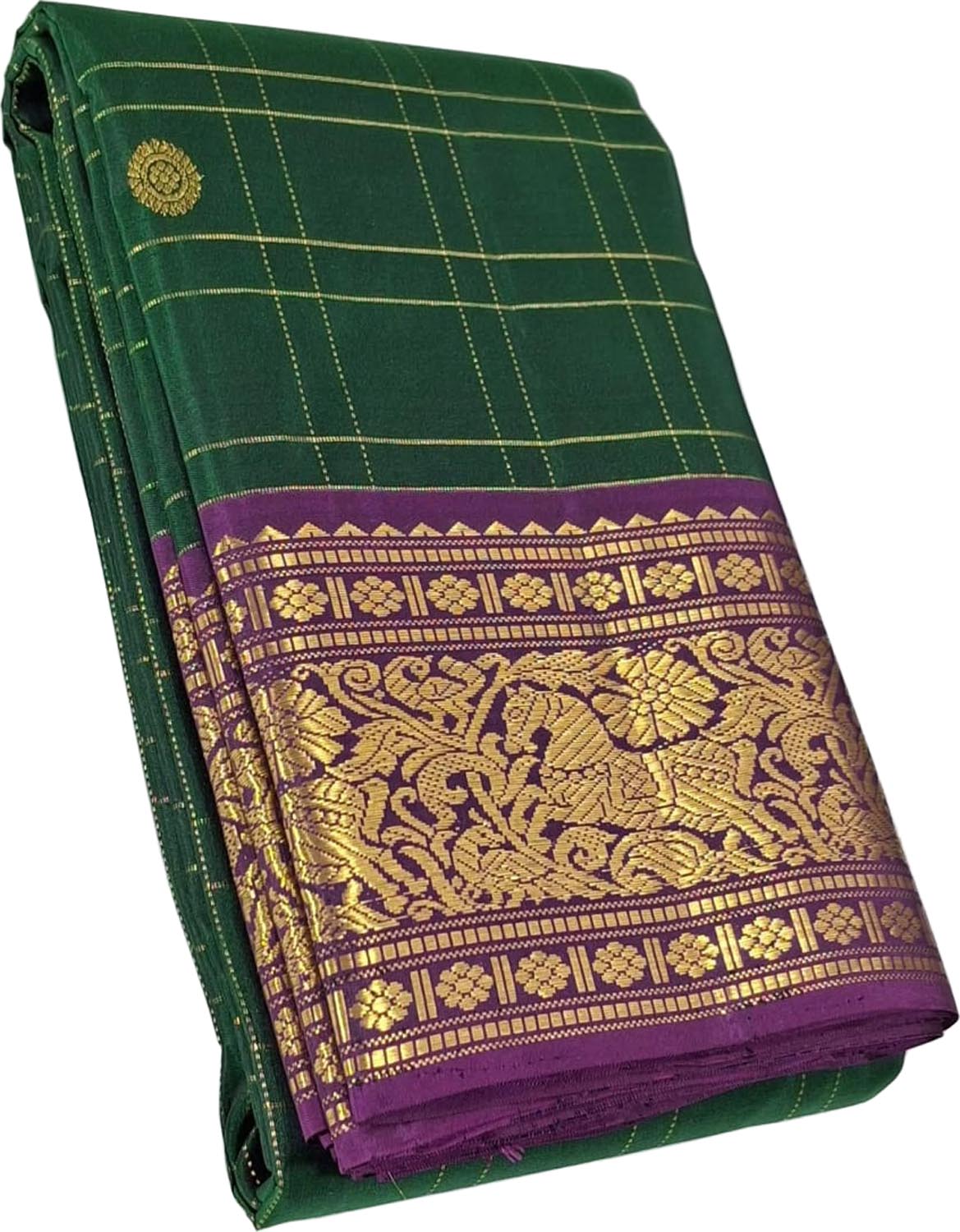 Green & Gold Handloom Kanjeevaram Silk Checks Saree - Luxurion World