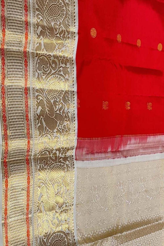 Red And White Handloom Kanjeevaram Pure Silk Saree - Luxurion World